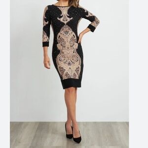 Joseph Ribkoff gold and black sheath dress size 12 stretch jersey knit evening